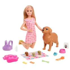 Barbie Puppe (blond) Mit Hund & Welpen, Set Inkl. Zubehör