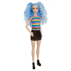 Barbie Fashionistas Puppe (blaue Haare) Im Regenbogen-Shirt Und Rock
